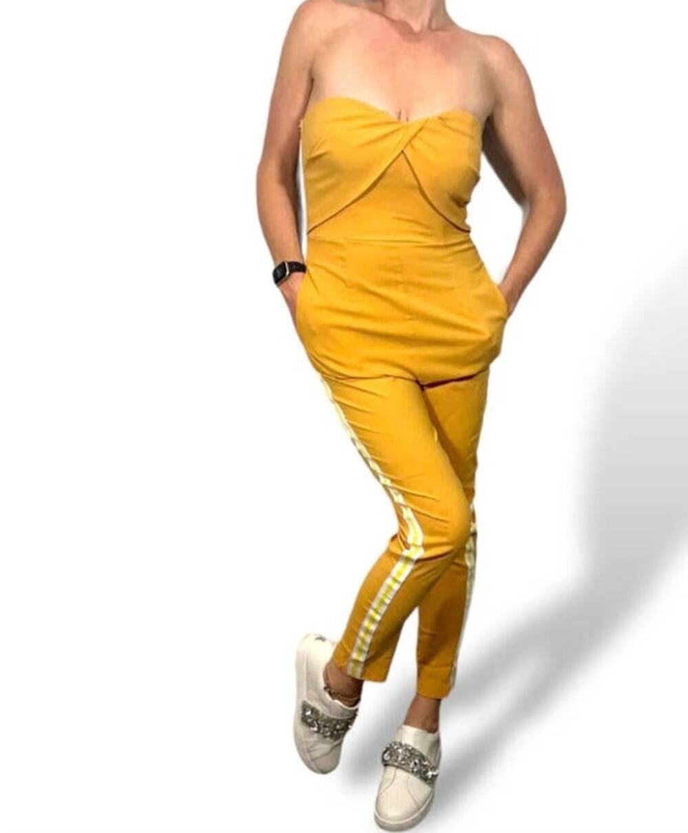 NWT Uniq Yellow Strapless Zipper Back Ankle Length Romper w/Side Stripes size m